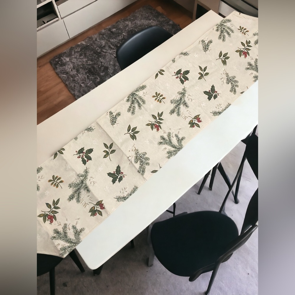 Holly & Pine Boughs Table Runner ‘70 inch X 14.’ Double Sided EUC